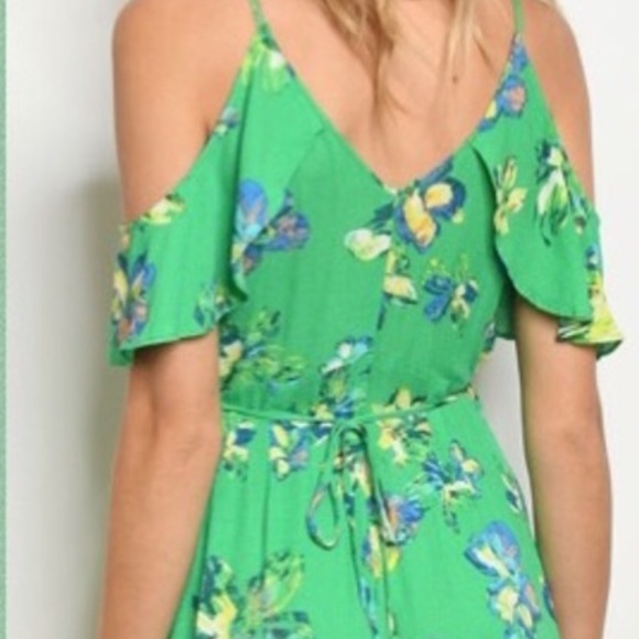 ❌DONATED❌Green Floral Cold Shoulder Wrap V-neck Midi Dress - Picture 4 of 12